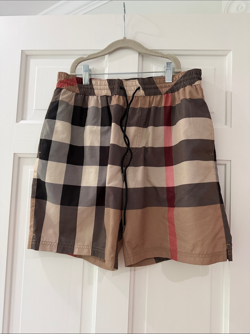Burberry Beige/Tan Plaid Swim Shorts with Black and Red Accents